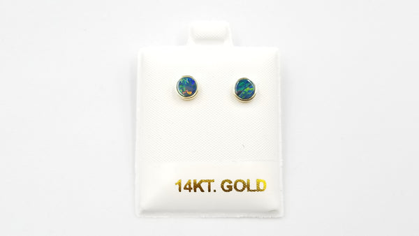 BOULDER OPAL DOUBLET 6 MM ROUND BEZEL SET 14 KT YELLOW GOLD STUDS EARRINGS