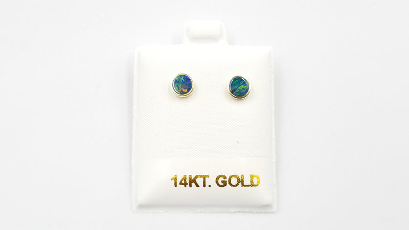 BOULDER OPAL DOUBLET 6 MM ROUND BEZEL SET 14 KT YELLOW GOLD STUDS EARRINGS