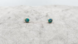 BOULDER OPAL DOUBLET 6 MM ROUND BEZEL SET 14 KT YELLOW GOLD STUDS EARRINGS