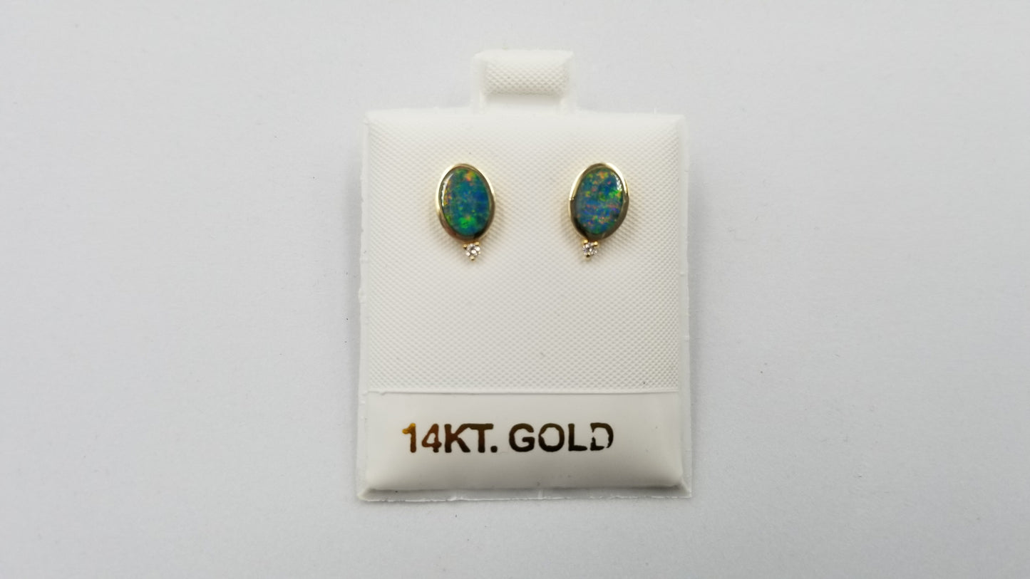 BOULDER OPAL DOUBLET W/ DIAMONDS BEZEL SET 14 KT YELLOW GOLD PUSH BACKS EARRINGS