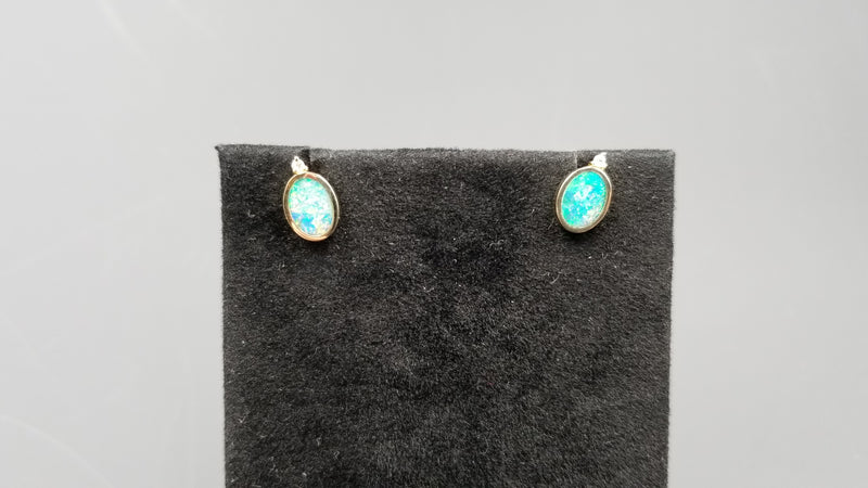 BOULDER OPAL DOUBLET W/ DIAMONDS BEZEL SET 14 KT YELLOW GOLD PUSH BACKS EARRINGS