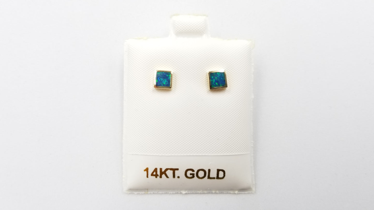 BOULDER OPAL DOUBLET SQUARE 5 MM BEZEL SET 14 KT YELLOW GOLD PUSH BACKS EARRINGS