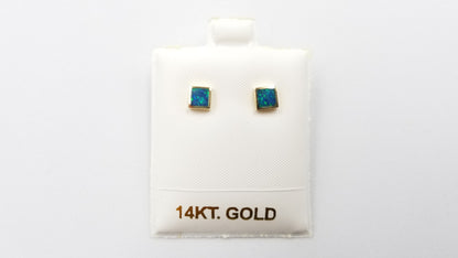 BOULDER OPAL DOUBLET SQUARE 5 MM BEZEL SET 14 KT YELLOW GOLD PUSH BACKS EARRINGS