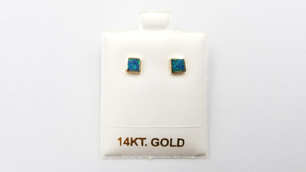 BOULDER OPAL DOUBLET SQUARE 5 MM BEZEL SET 14 KT YELLOW GOLD PUSH BACKS EARRINGS