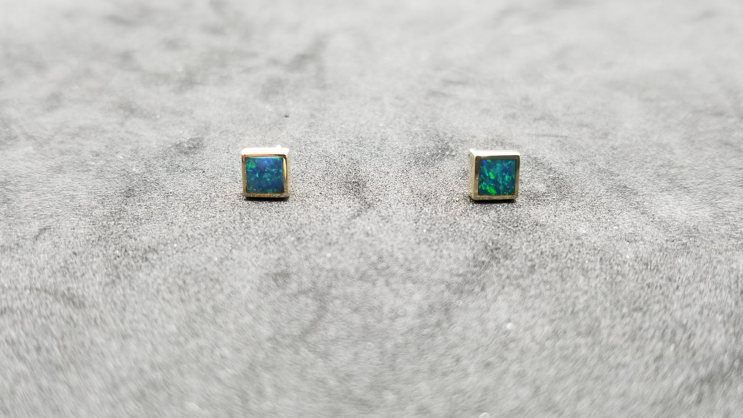 BOULDER OPAL DOUBLET SQUARE 5 MM BEZEL SET 14 KT YELLOW GOLD PUSH BACKS EARRINGS