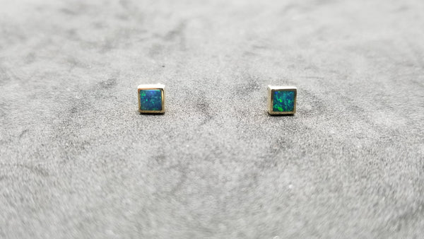 BOULDER OPAL DOUBLET SQUARE 5 MM BEZEL SET 14 KT YELLOW GOLD PUSH BACKS EARRINGS