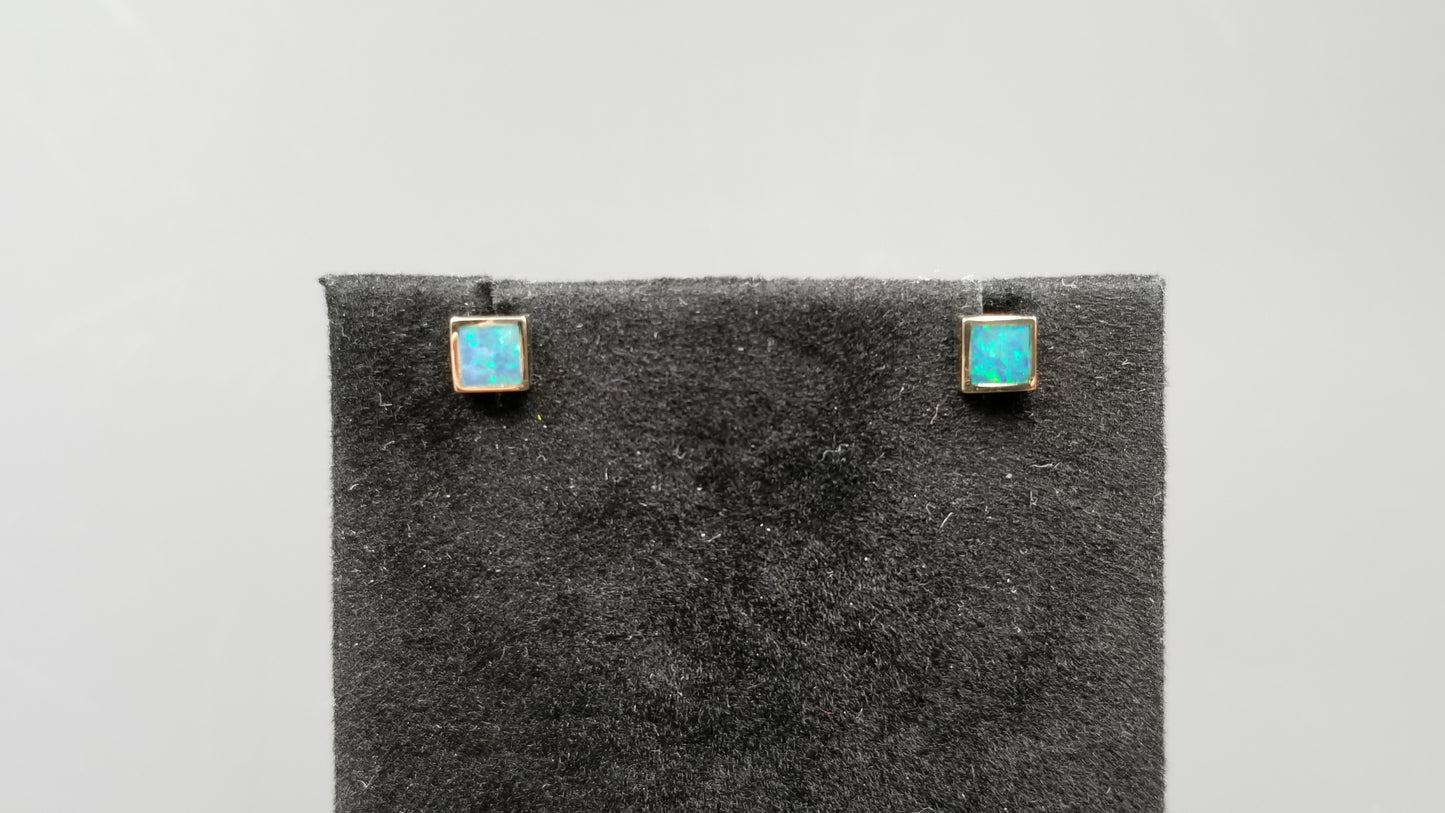 BOULDER OPAL DOUBLET SQUARE 5 MM BEZEL SET 14 KT YELLOW GOLD PUSH BACKS EARRINGS