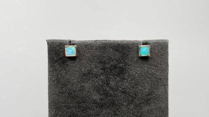 BOULDER OPAL DOUBLET SQUARE 5 MM BEZEL SET 14 KT YELLOW GOLD PUSH BACKS EARRINGS