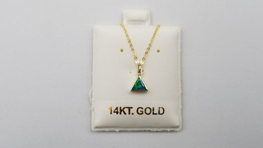 BOULDER OPAL DOUBLET 6 MM TRIANGLE BEZEL SET 14 KT YELOW GOLD PENDANT WITH 16" CHAIN