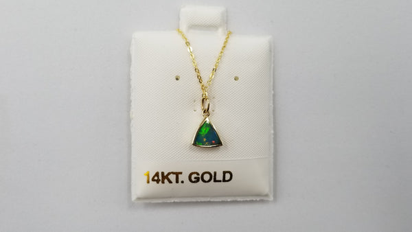 BOULDER OPAL DOUBLET TRIANGLE 7 MM BEZEL SET 14 KT YELOW GOLD PENDANT WITH 16" CHAIN