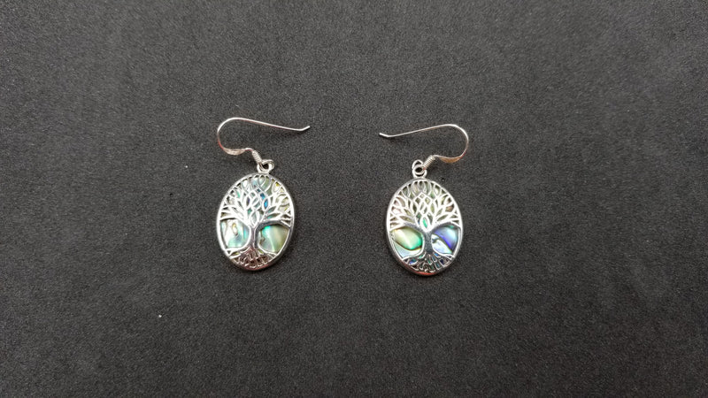STERLING SILVER W/ ABALONE SHELL TREE OF LIFE DROP EARRINGS ( OVAL)