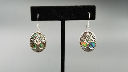 STERLING SILVER W/ ABALONE SHELL TREE OF LIFE DROP EARRINGS ( OVAL)