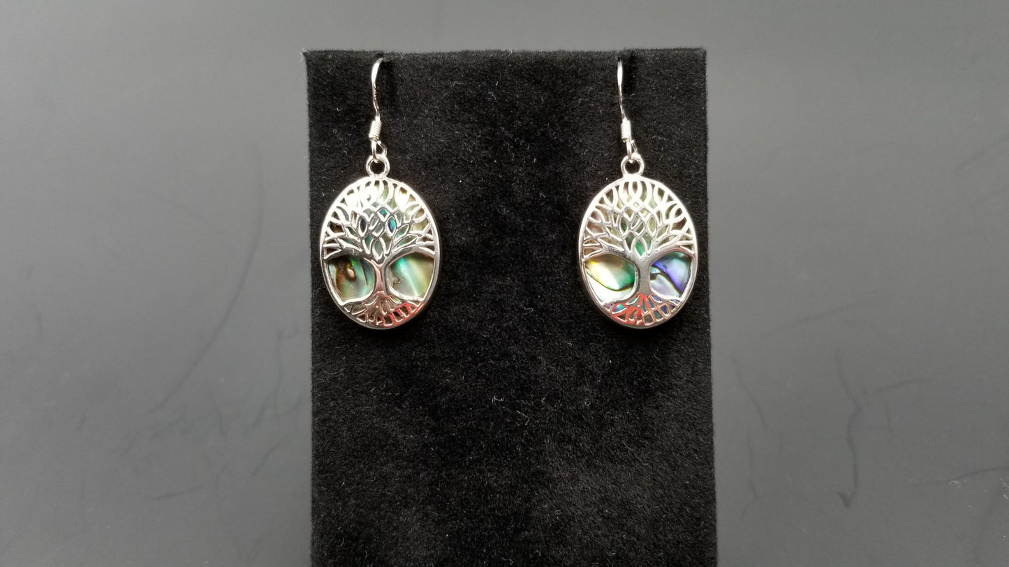 STERLING SILVER W/ ABALONE SHELL TREE OF LIFE DROP EARRINGS ( OVAL)