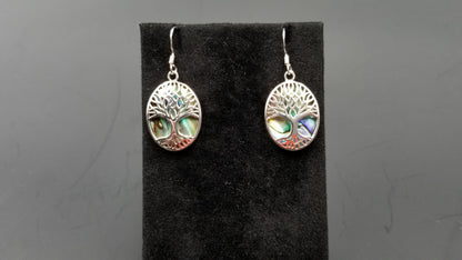 STERLING SILVER W/ ABALONE SHELL TREE OF LIFE DROP EARRINGS ( OVAL)