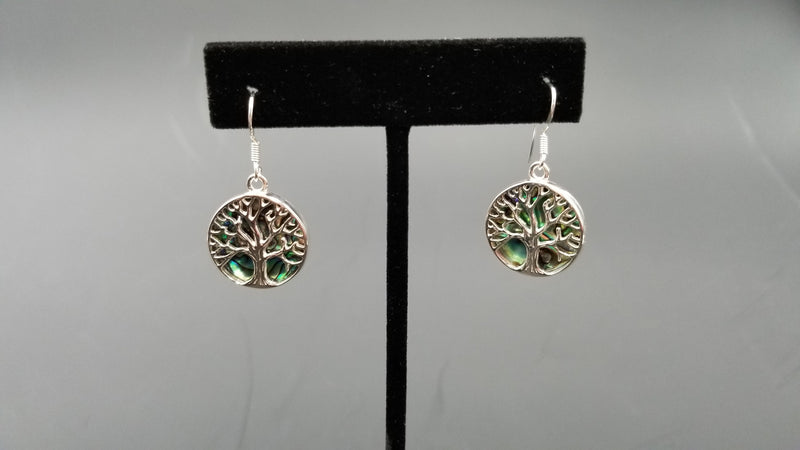 STERLING SILVER W/ ABALONE SHELL TREE OF LIFE DROP EARRINGS (ROUND)