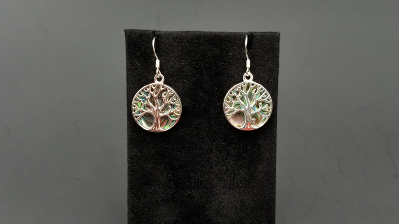 STERLING SILVER W/ ABALONE SHELL TREE OF LIFE DROP EARRINGS (ROUND)