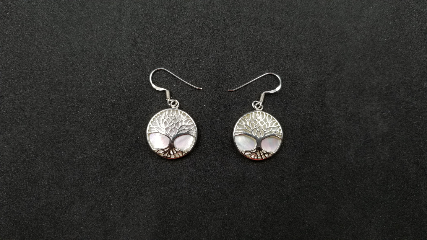 STERLING SILVER W/ MOTHER OF PEARLS TREE OF LIFE DROP EARRINGS