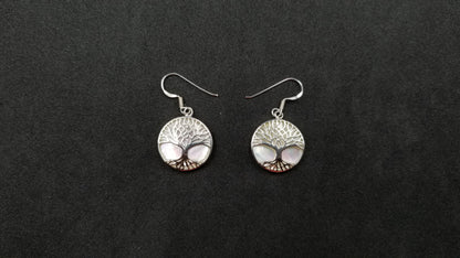 STERLING SILVER W/ MOTHER OF PEARLS TREE OF LIFE DROP EARRINGS