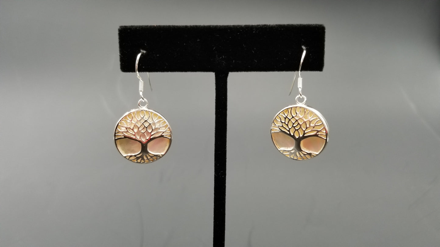 STERLING SILVER W/ MOTHER OF PEARLS TREE OF LIFE DROP EARRINGS