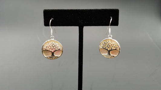STERLING SILVER W/ MOTHER OF PEARLS TREE OF LIFE DROP EARRINGS