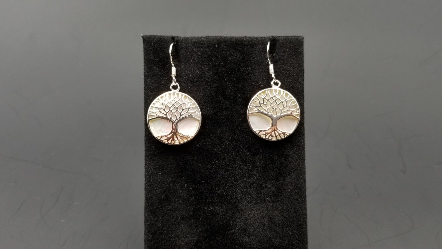 STERLING SILVER W/ MOTHER OF PEARLS TREE OF LIFE DROP EARRINGS