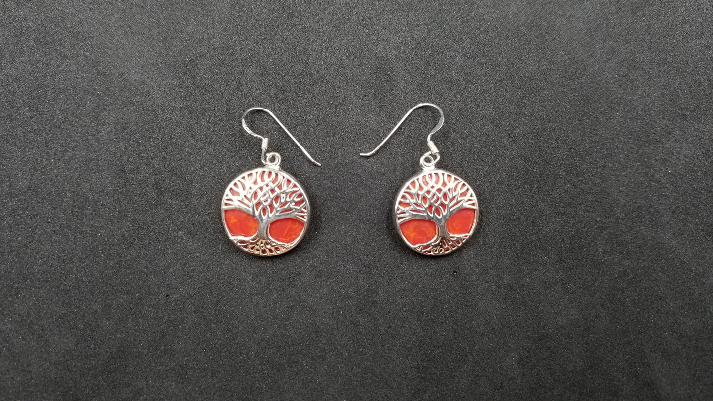 STERLING SILVER W/ SYNTHETIC CORAL TREE OF LIFE DANGLE EARRINGS