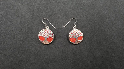 STERLING SILVER W/ SYNTHETIC CORAL TREE OF LIFE DANGLE EARRINGS