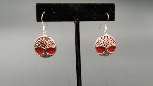 STERLING SILVER W/ SYNTHETIC CORAL TREE OF LIFE DANGLE EARRINGS