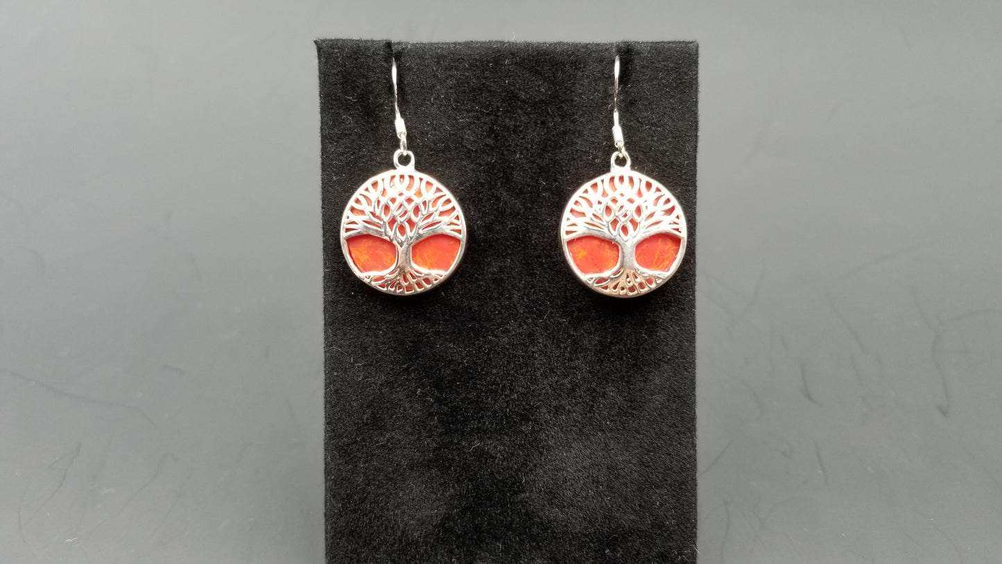 STERLING SILVER W/ SYNTHETIC CORAL TREE OF LIFE DANGLE EARRINGS