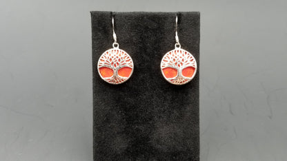 STERLING SILVER W/ SYNTHETIC CORAL TREE OF LIFE DANGLE EARRINGS