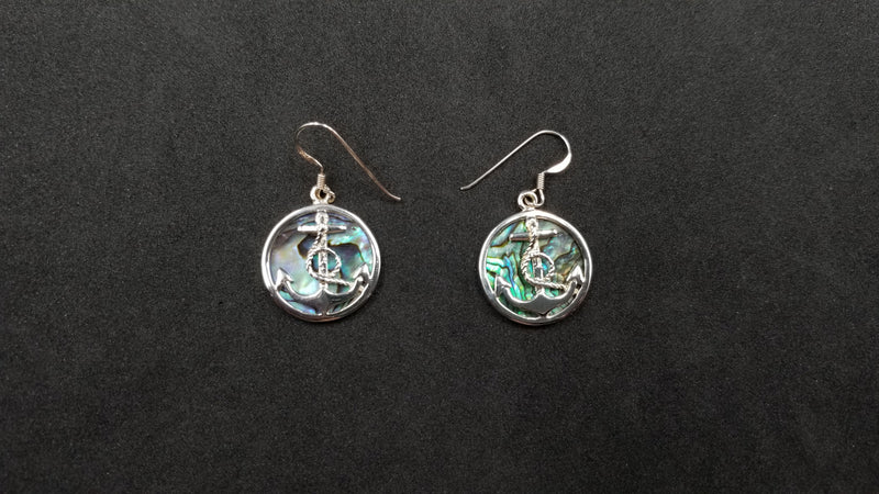 STERLING SILVER W/ ABALONE SHELL ANCHOR DANGLE EARRINGS