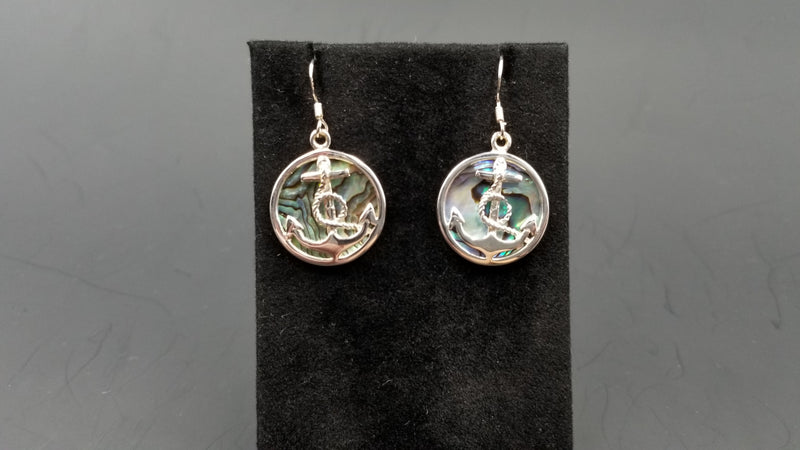 STERLING SILVER W/ ABALONE SHELL ANCHOR DANGLE EARRINGS