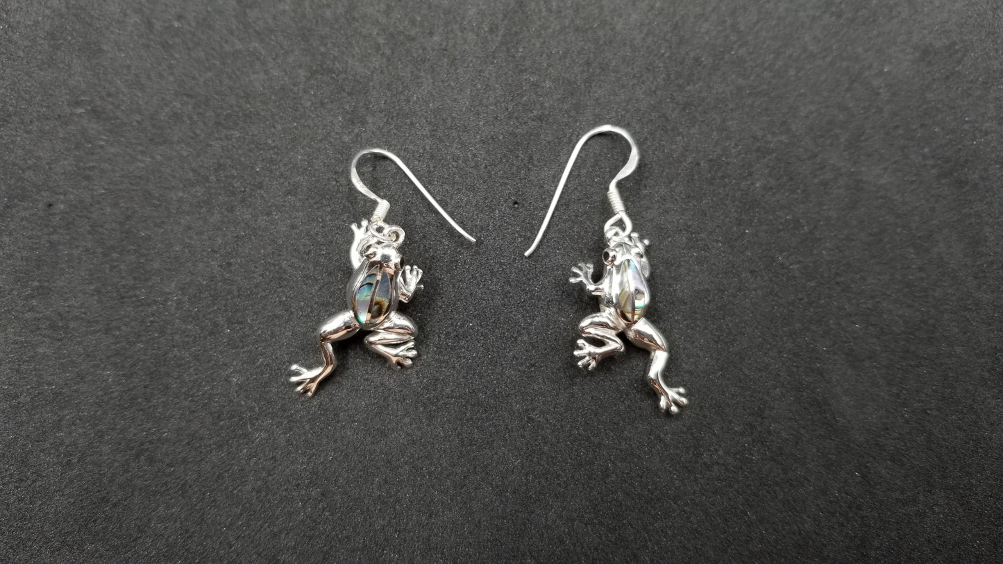 STERLING SILVER W/ABALONE SHELL FROG DANGLE EARRINGS