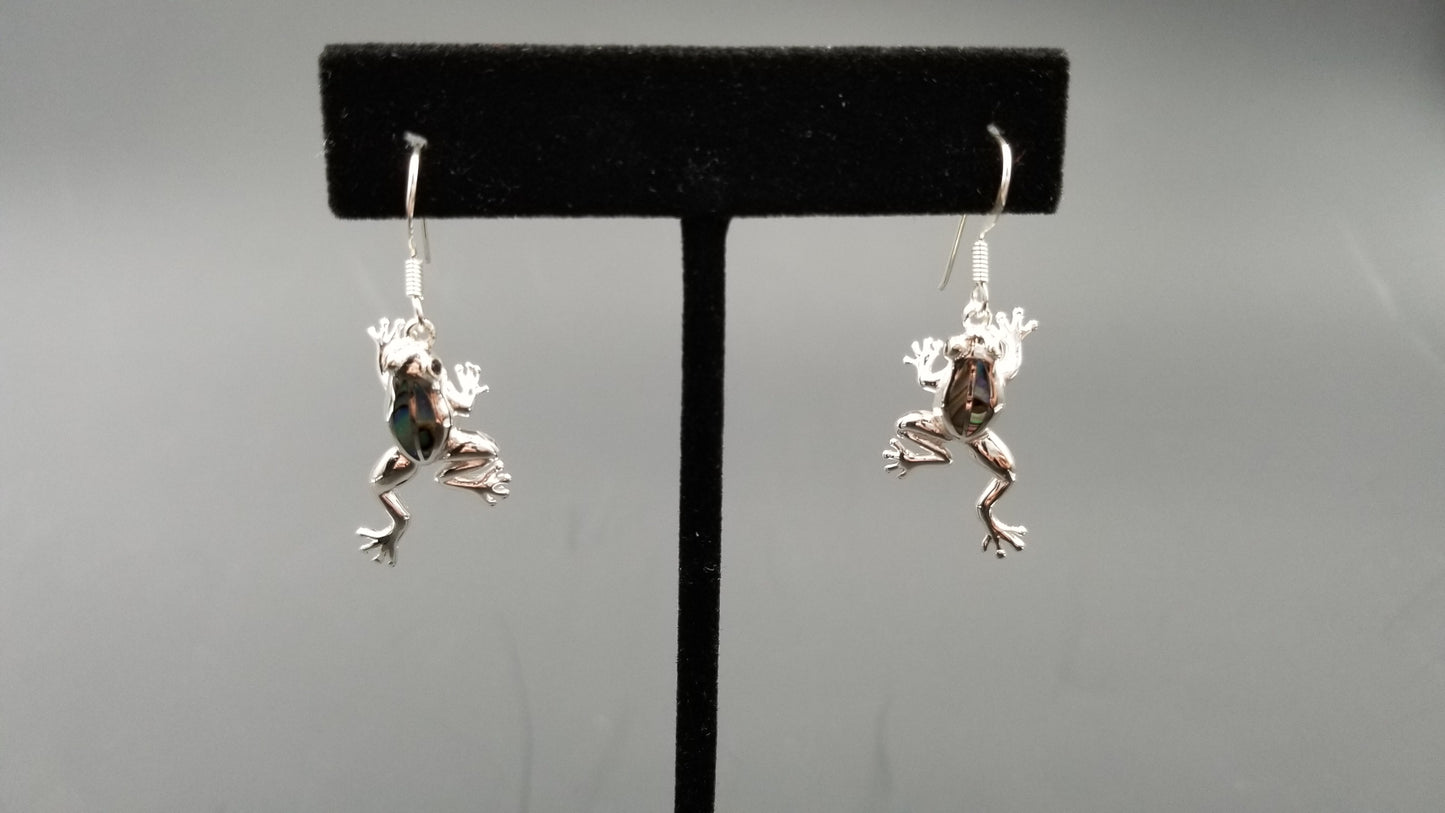STERLING SILVER W/ABALONE SHELL FROG DANGLE EARRINGS