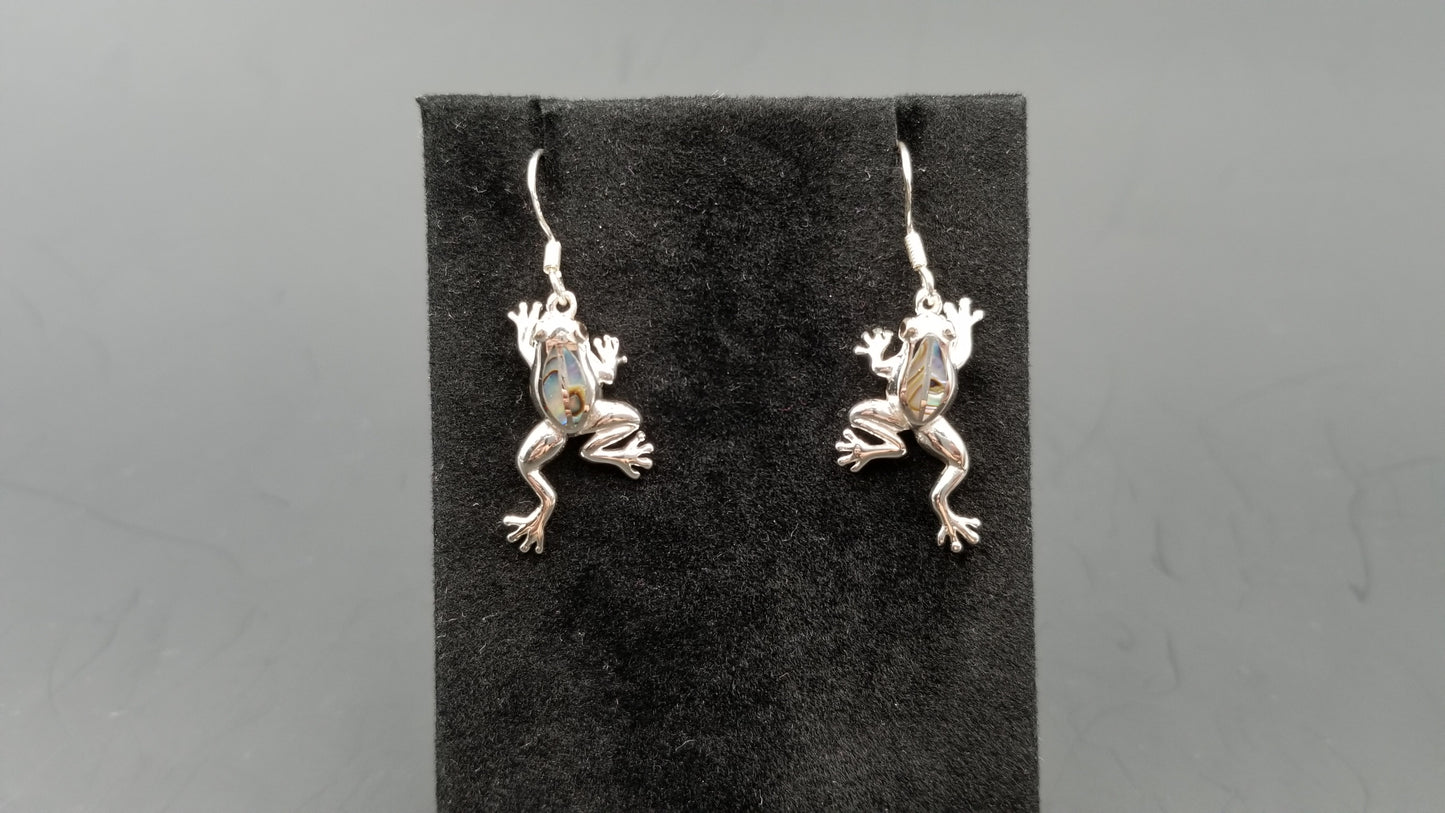 STERLING SILVER W/ABALONE SHELL FROG DANGLE EARRINGS