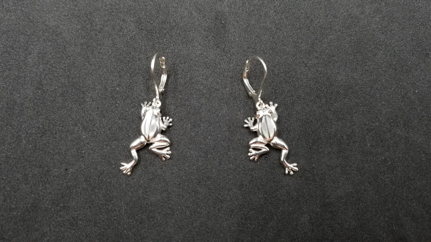 STERLING SILVER W/ MOTHER OF PEARLS FROG DANGLE EARRINGS