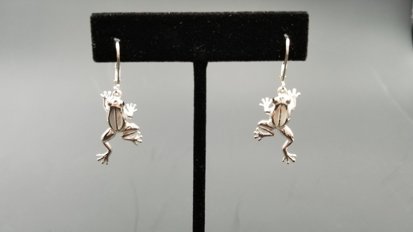 STERLING SILVER W/ MOTHER OF PEARLS FROG DANGLE EARRINGS
