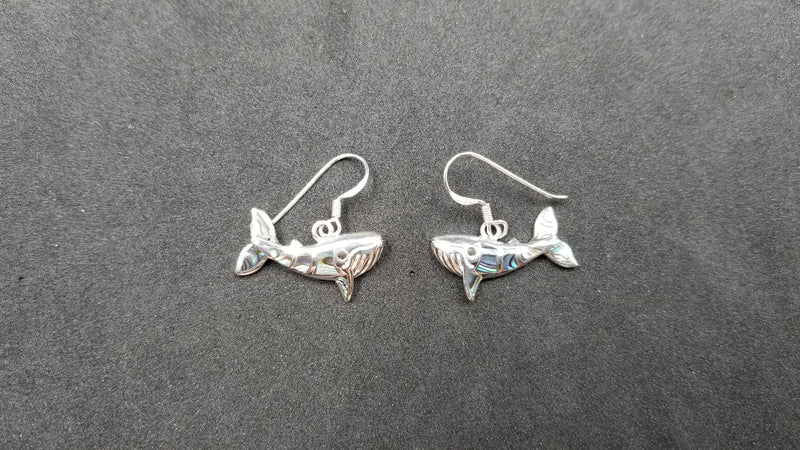 STERLING SILVER W/ ABALONE SHELL HUMPBACK WHALE DANGLE EARRINGS