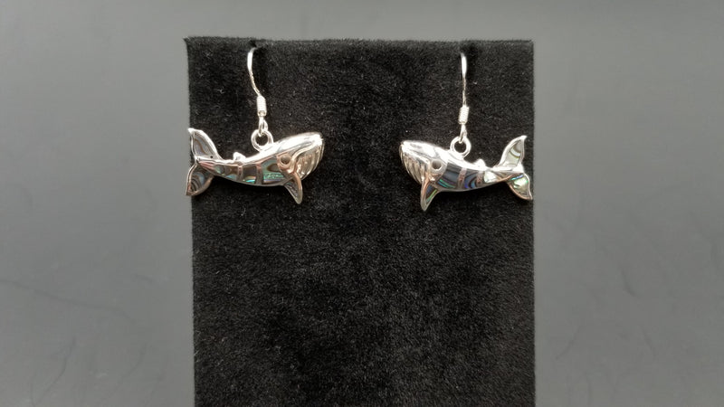 STERLING SILVER W/ ABALONE SHELL HUMPBACK WHALE DANGLE EARRINGS