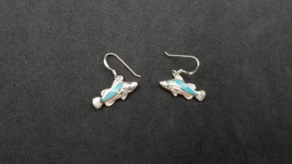 STERLING SILVER W/ SNYTHETIC TURQUIOSE FISH DANGLE EARRINGS