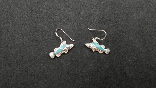 STERLING SILVER W/ SNYTHETIC TURQUIOSE FISH DANGLE EARRINGS