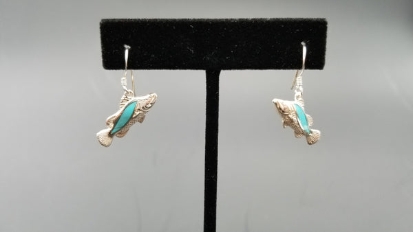 STERLING SILVER W/ SNYTHETIC TURQUIOSE FISH DANGLE EARRINGS