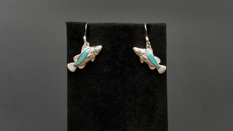 STERLING SILVER W/ SNYTHETIC TURQUIOSE FISH DANGLE EARRINGS