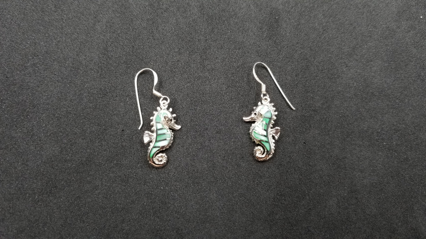 STERLING SILVER W/ BLUE MOTHER OF PEARLS SEAHORSE DANGLE EARRINGS