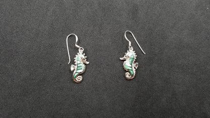 STERLING SILVER W/ BLUE MOTHER OF PEARLS SEAHORSE DANGLE EARRINGS
