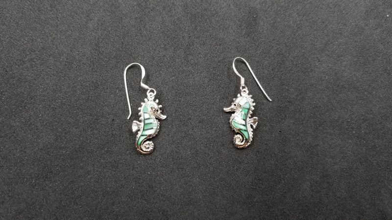 STERLING SILVER W/ BLUE MOTHER OF PEARLS SEAHORSE DANGLE EARRINGS