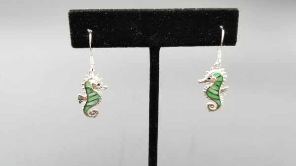 STERLING SILVER W/ BLUE MOTHER OF PEARLS SEAHORSE DANGLE EARRINGS