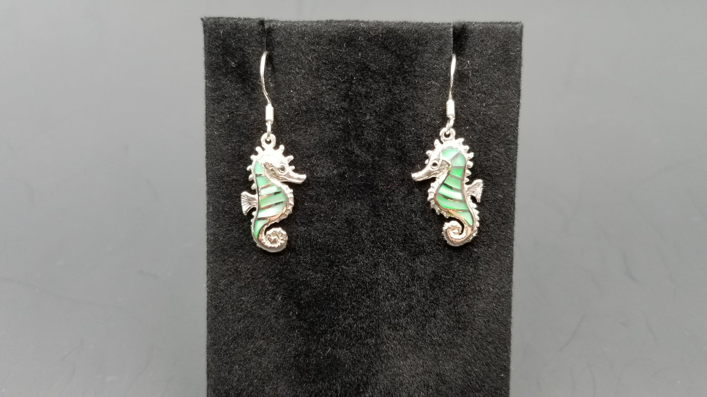 STERLING SILVER W/ BLUE MOTHER OF PEARLS SEAHORSE DANGLE EARRINGS