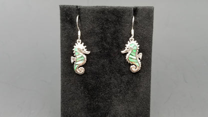 STERLING SILVER W/ BLUE MOTHER OF PEARLS SEAHORSE DANGLE EARRINGS