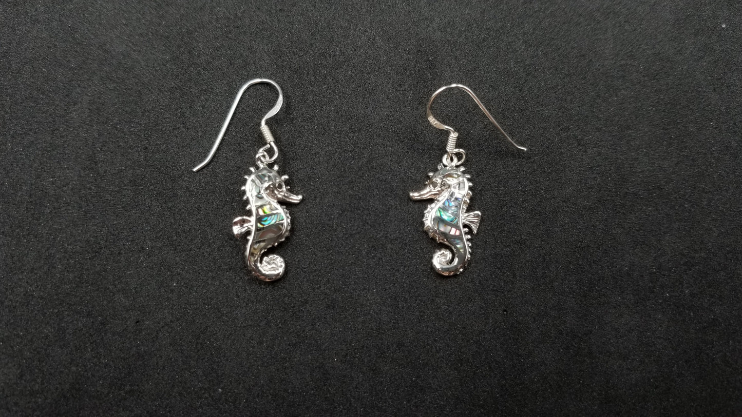 STERLING SILVER W/ ABALONE SHELL SEAHORSE DANGLE EARRINGS